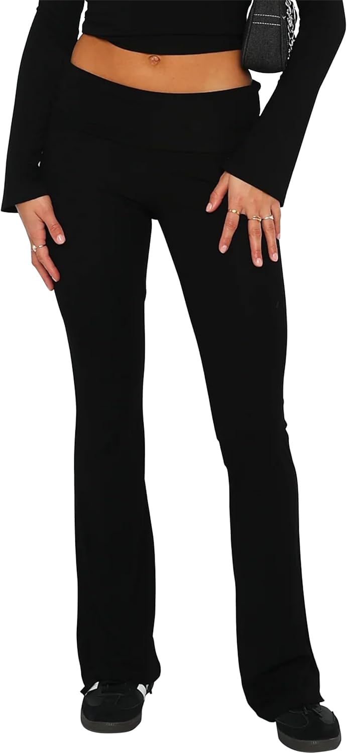 Women's Flare Skinny Pants Fold Over Leggings Stretch