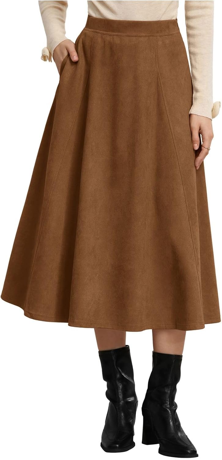 2026 Women's Suede Skirts, High Waist A-Line Skirt, Fall Winter Midi Skirt