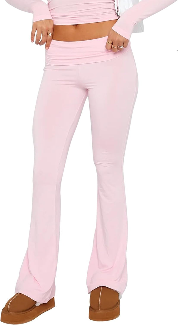 Women's Flare Skinny Pants Fold Over Leggings Stretch