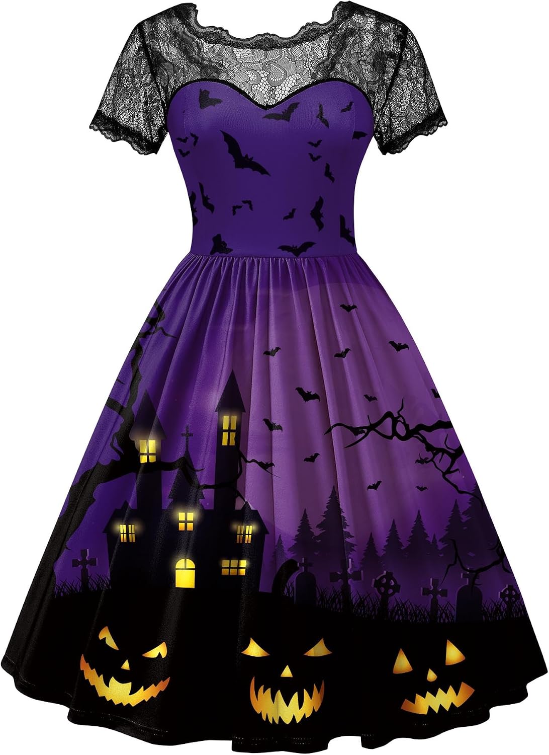 Women Halloween Party Costume Vintage Swing Lace Short Sleeve Witch Dress