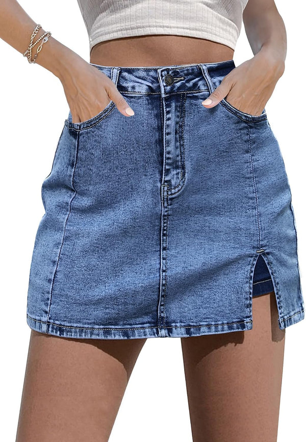 luvamia Jean Skort Women High Waisted Stretchy Denim Mini Skirt Side Slit