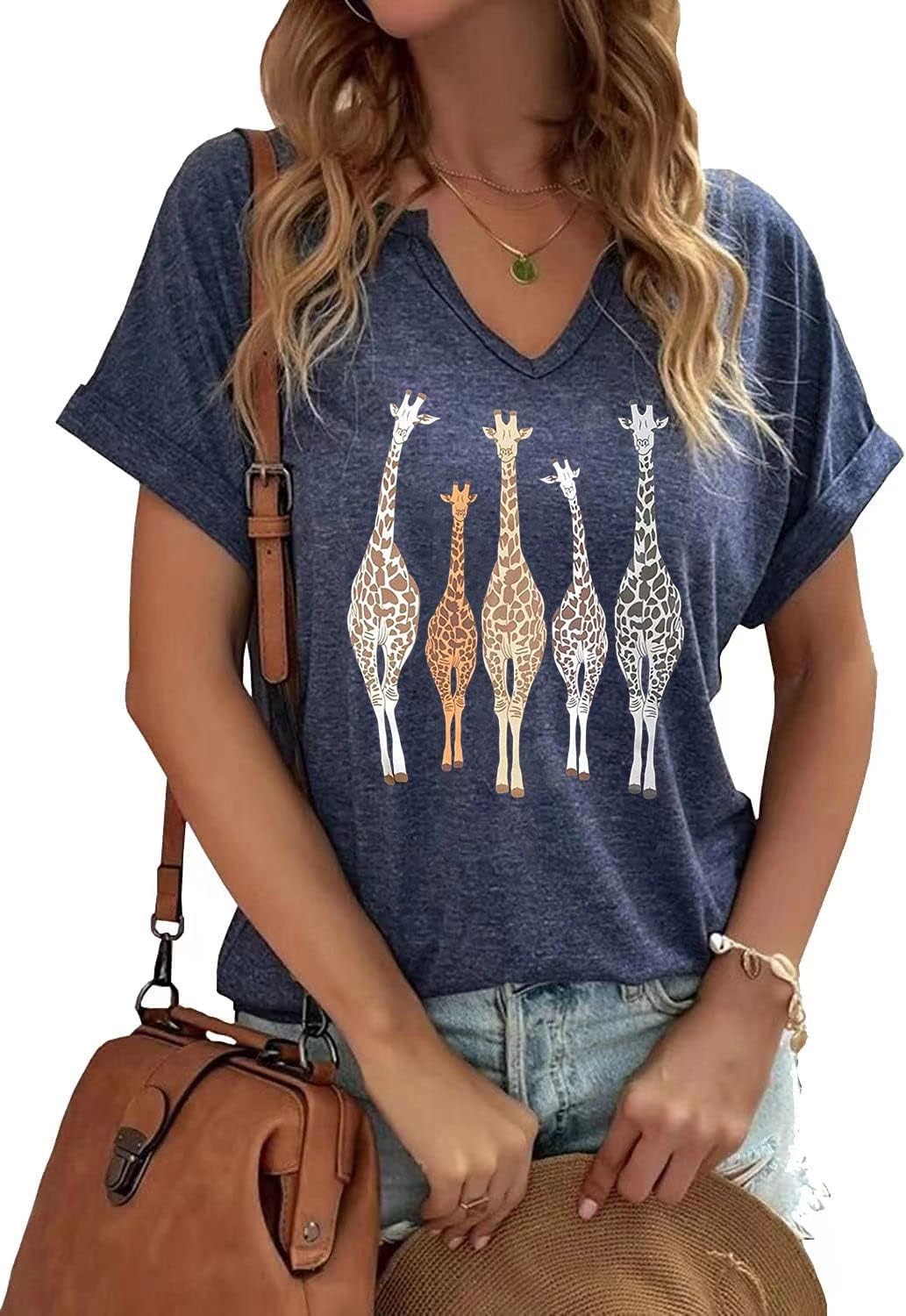 Beopjesk Womens Summer Giraffe Printed T-Shirt Funny Cute Animal Graphic Tees Tops