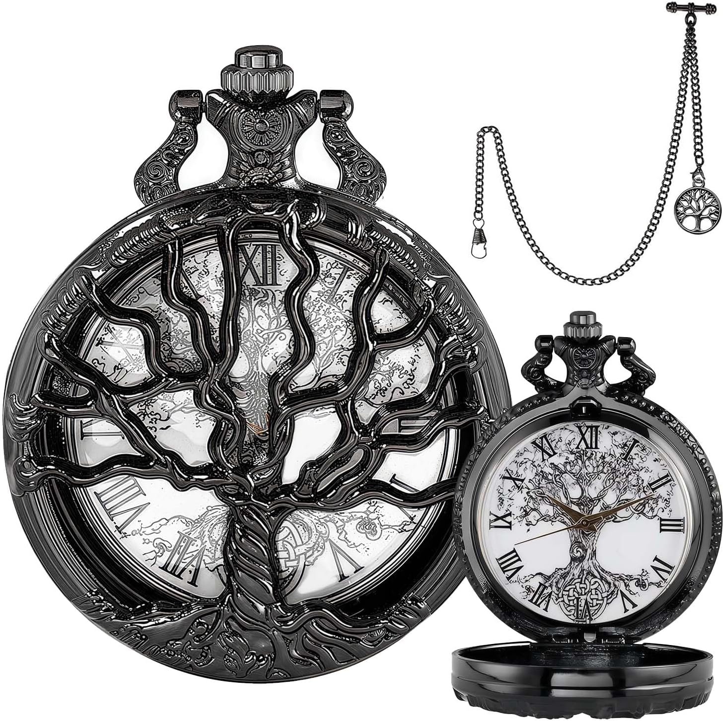 Pocket Watch — Hollow Tree Roman Numerals Antique Quartz Fob Secondary image