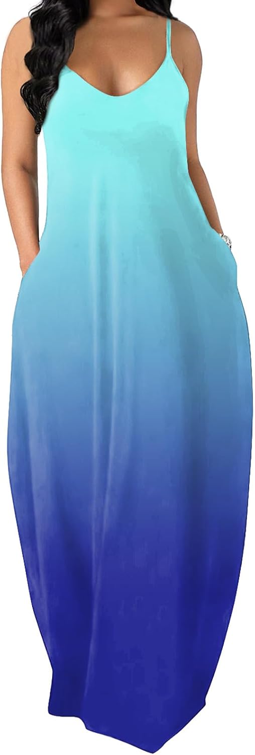OFEEFAN Women's Maxi Dresses Summer Spaghetti Strap Dress with Pockets