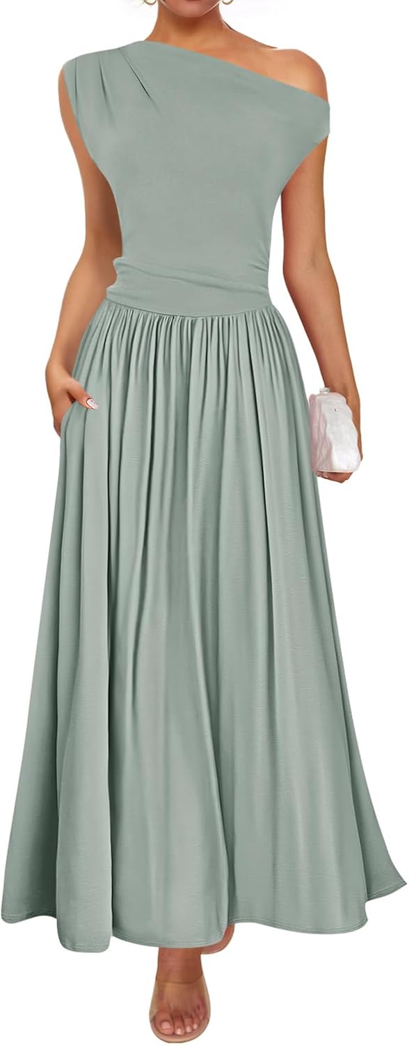 ZESICA Womens Sleeveless One Shoulder Maxi Dress with Pockets