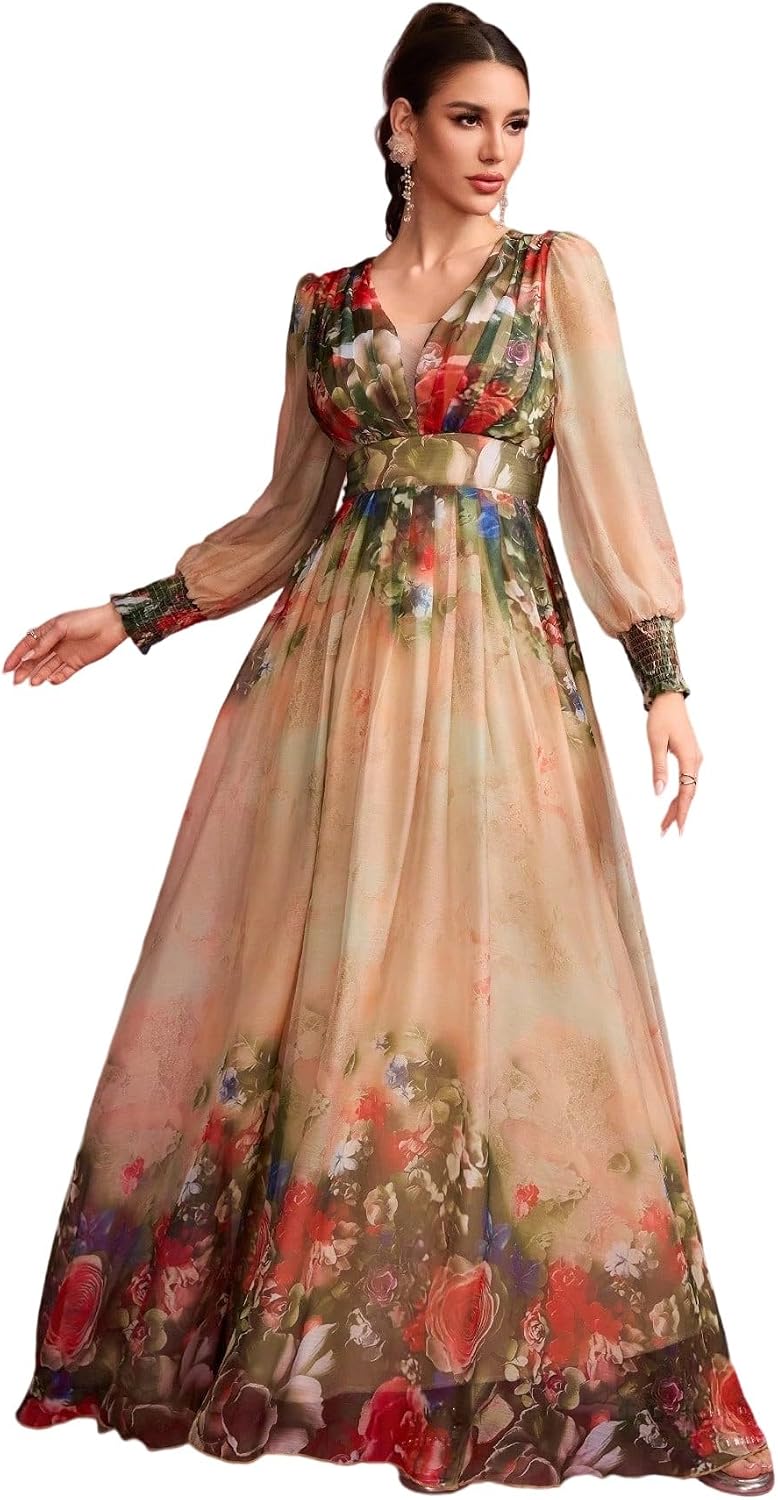 Womens Summer Dresses,Floral Patterns Vintage Elegant Cocktail Long Sleeve Boho Casual Maxi Wedding Guest Dresses for Women
