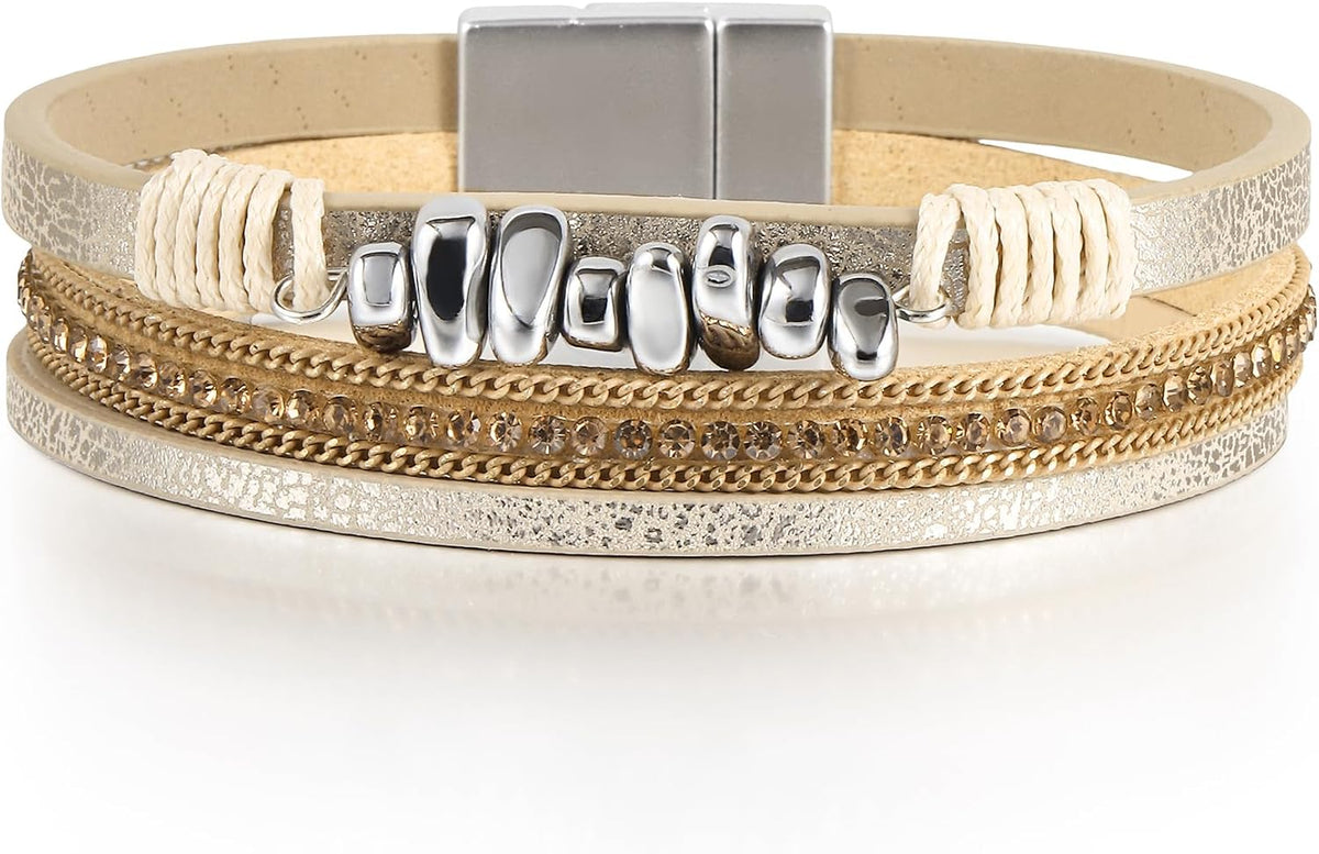 Edoneery Leather Wrap Bracelets for Women, Boho Layered Cuff Bangle