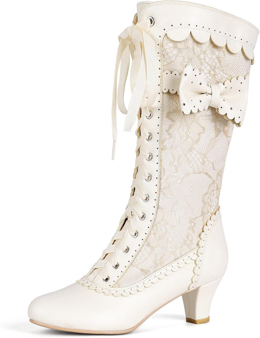 Women Vintage Victorian Boots Lace Mid Calf Granny Boots Zipper Costume Renaissance Shoes Mid Heel Wedding Dress Boots with Bows
