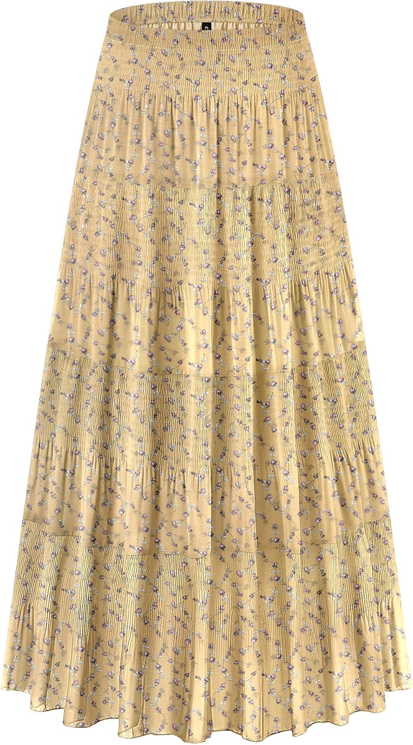 CYiNu Women's Chiffon Elastic High Waist Tiered Pleated Floral Printed A-Line Boho Long Maxi Skirts