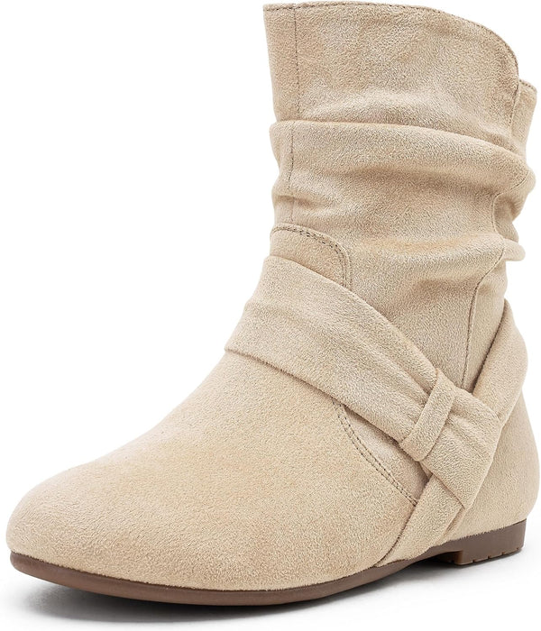 Women's Slouch Ankle Boots, Flat Low Heel Side Zip Booties 939A