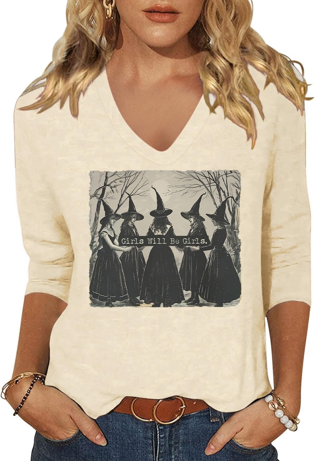 Womens Fall Halloween 3/4 Sleeve V Neck Shirts