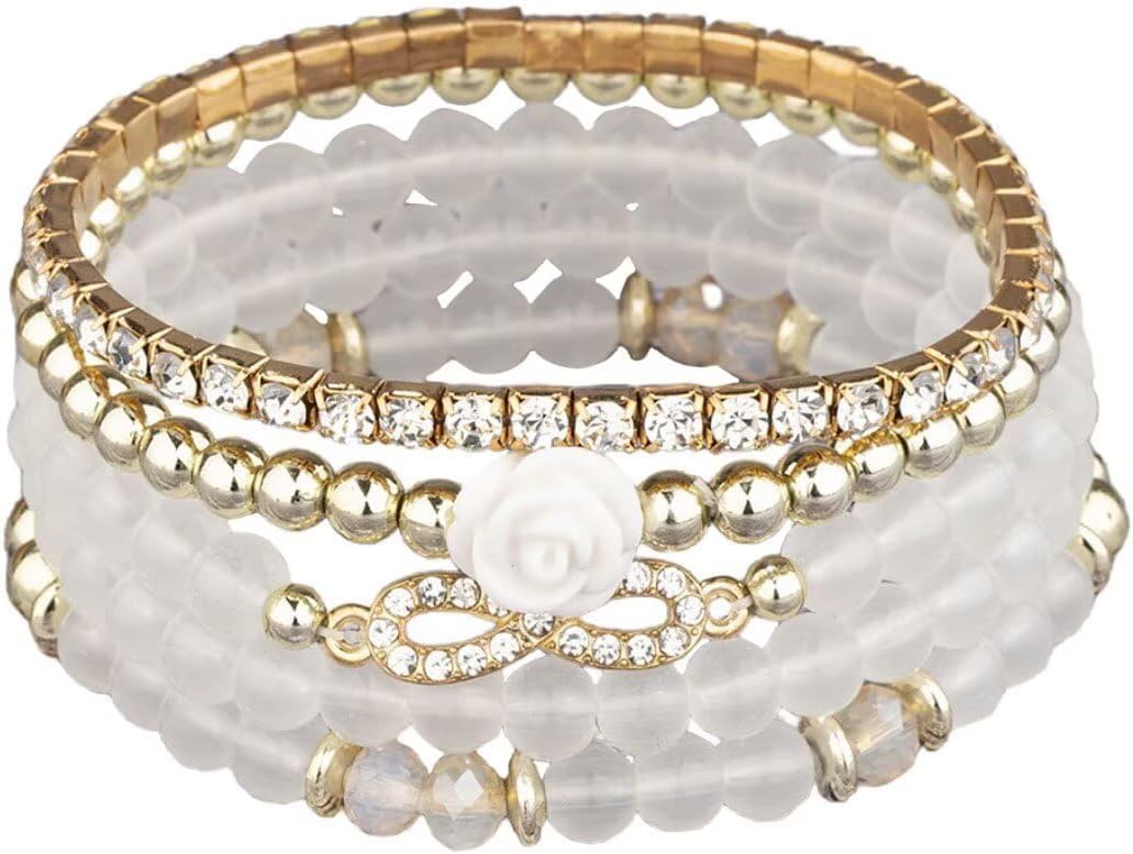 4 Pcs Cute Butterfly Charm Bracelets Set Gold Beaded Stackable Stretch Bracelets Bohemian Summer Jewelry Gifts for Women