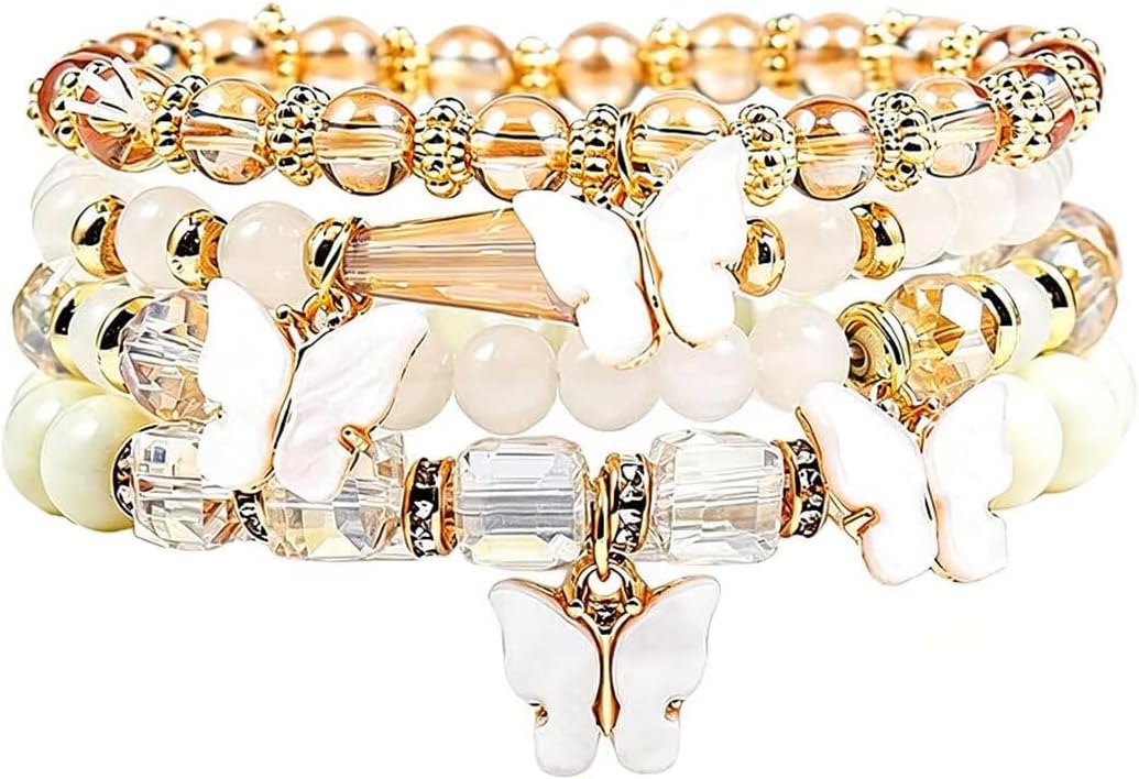 4 Pcs Cute Butterfly Charm Bracelets Set Gold Beaded Stackable Stretch Bracelets Bohemian Summer Jewelry Gifts for Women
