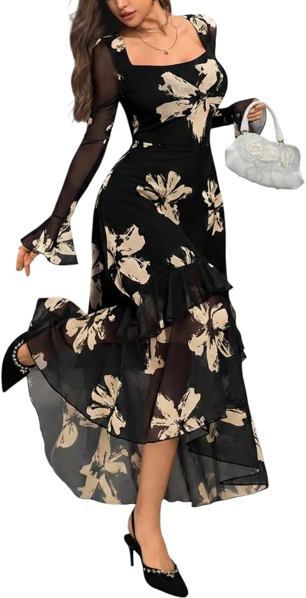 GothDark Women's Floral Mesh Square Neck Fall Wedding Guest Maxi Dress