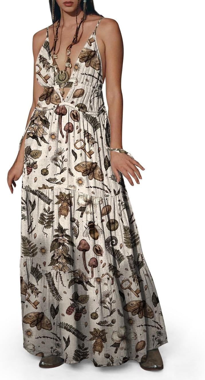 Womens Summer Sun Dresses Mystical Gothic Maxi Dress Casual Floral Witch Dress Date Dress Halloween Outfits