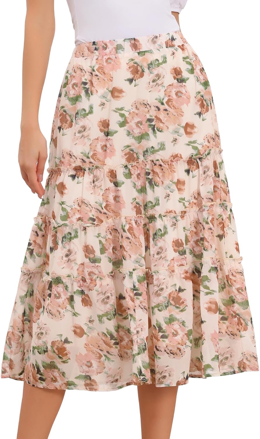 Allegra K Women's Floral Skirt Chiffon A-line Long Tiered Ruffle Maxi Skirt
