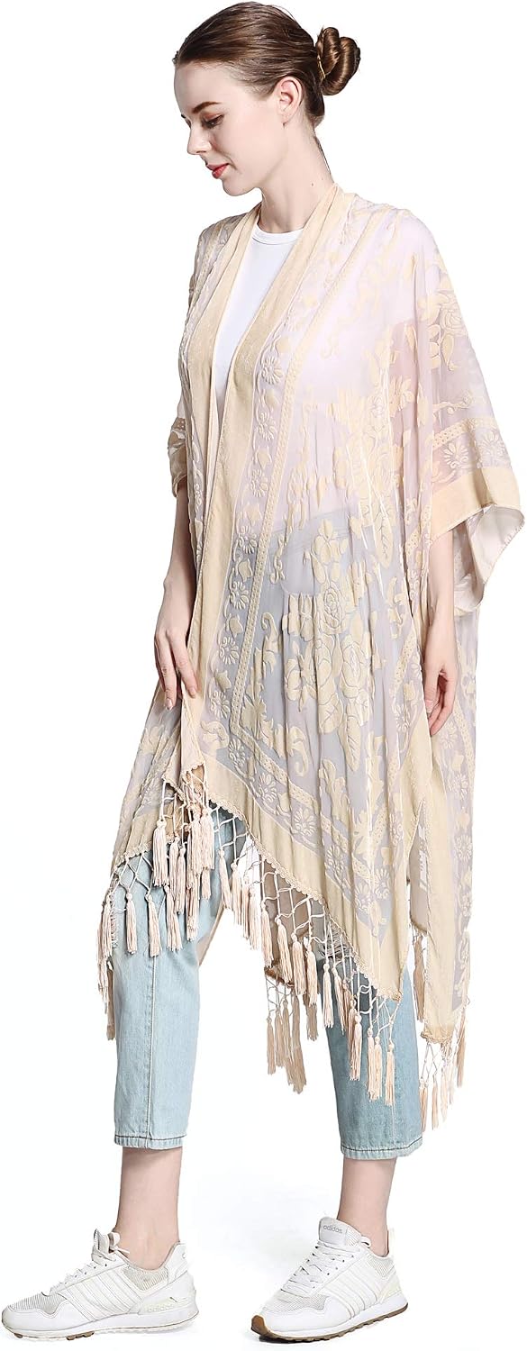 Women's Burnout Velvet Kimono Long Cardigan Cover Up With Tassel