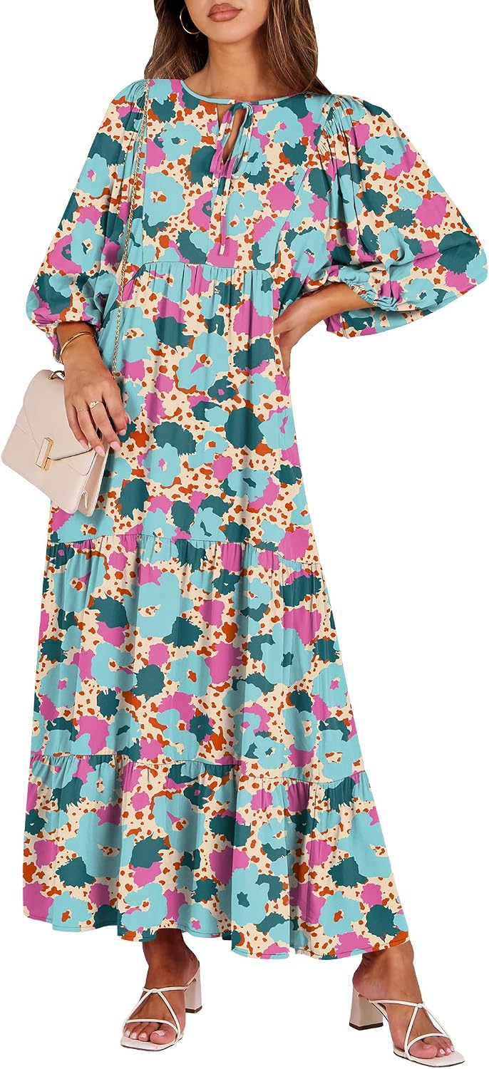 ANRABESS Womens Boho Floral 3/4 Puff Sleeve Maxi Dress