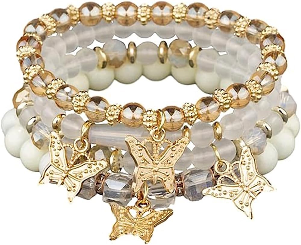 4 Pcs Cute Butterfly Charm Bracelets Set Gold Beaded Stackable Stretch Bracelets Bohemian Summer Jewelry Gifts for Women