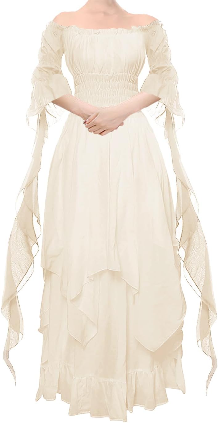 YEAXLUD Women's Victorian Dress Puff Sleeve Off Shoulder Ruffle Medieval Costume for Women Renaissance Dress