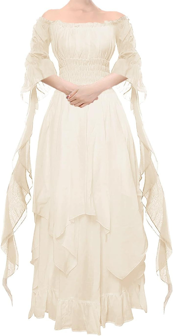 YEAXLUD Women's Victorian Dress Puff Sleeve Off Shoulder Ruffle Medieval Costume for Women Renaissance Dress
