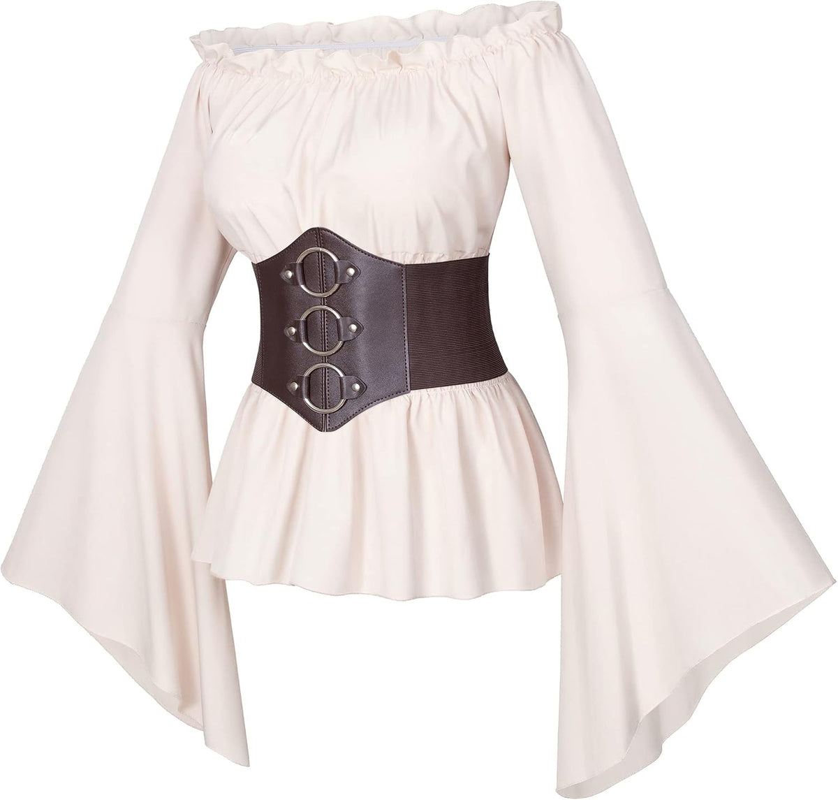 Womens Renaissance Victorian Peasant Ruffle Smocked Waist Boho Pirate Shirt Blouse with Belt Set