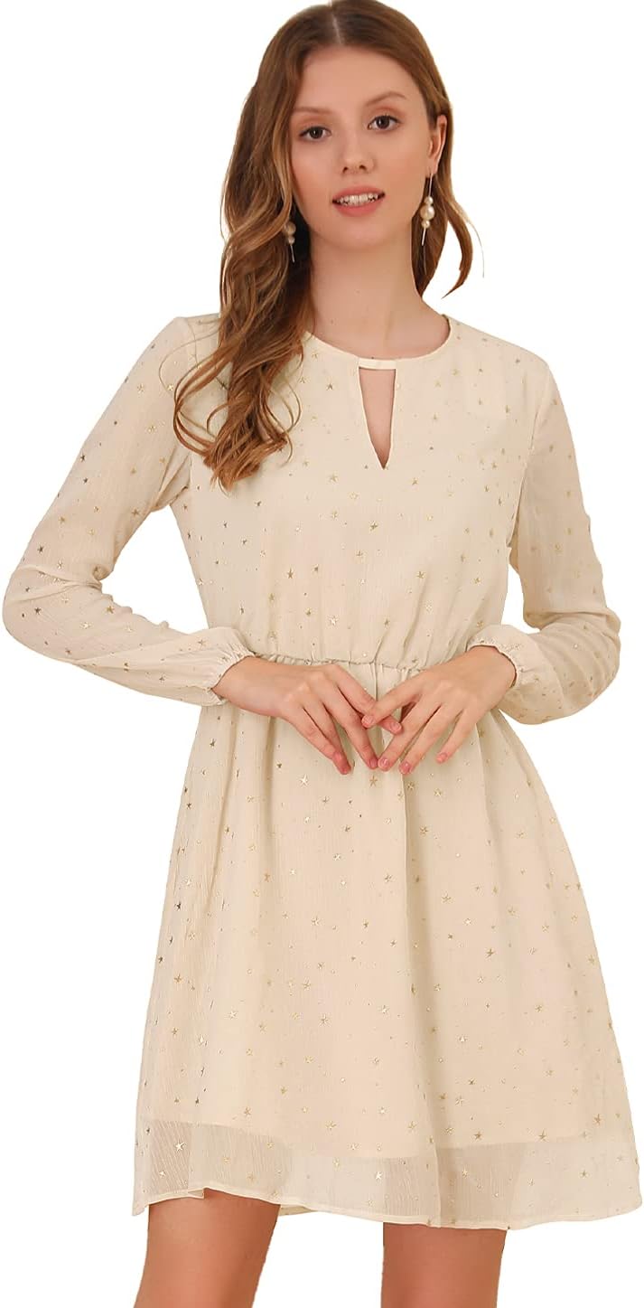 Allegra K Women Metallic Star Choker V Neck Party Flared A-Line Dress
