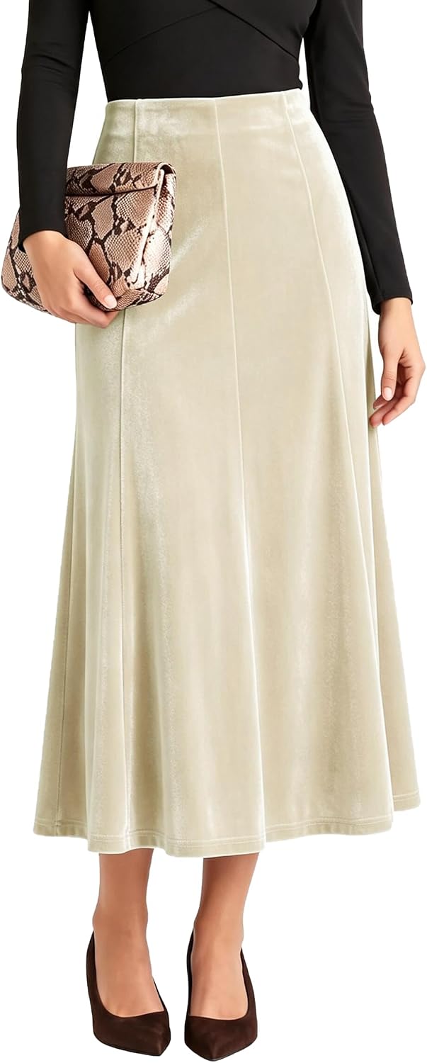 Urban CoCo Women's Velvet A-Line Midi Skirt High-Waisted Stretch