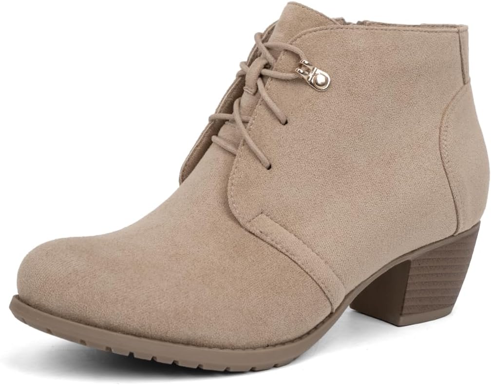 Women's Ankle Boots,Lace-up Round Toe Comfortable Low Heel Dress Booties with Side Zipper