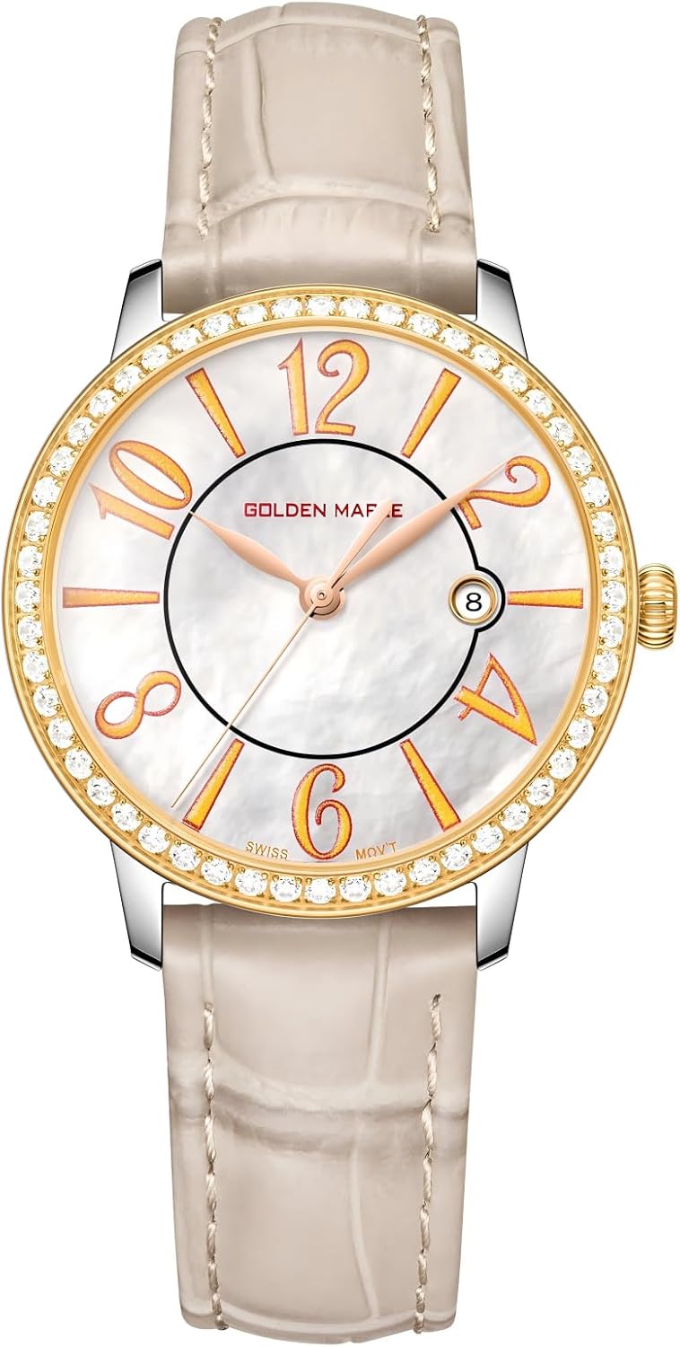 GOLDEN MAPLE Dainty Watches for Women, Mother-of-Pearl Dial and Swiss