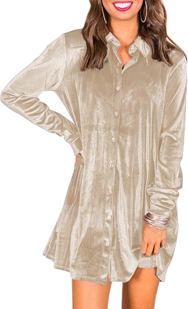 Caitefaso Womens Velvet Button Down T Shirts Swing Mini Dress Casual Long Sleeves Lapel Tunic Tops