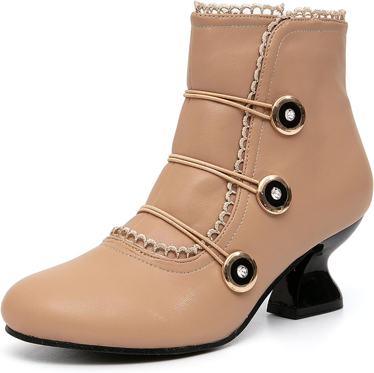 Women's Ankle Boots Low Heels Lace Buttons Round Toe Side Zipper Vintage Short Boots Autumn Winter