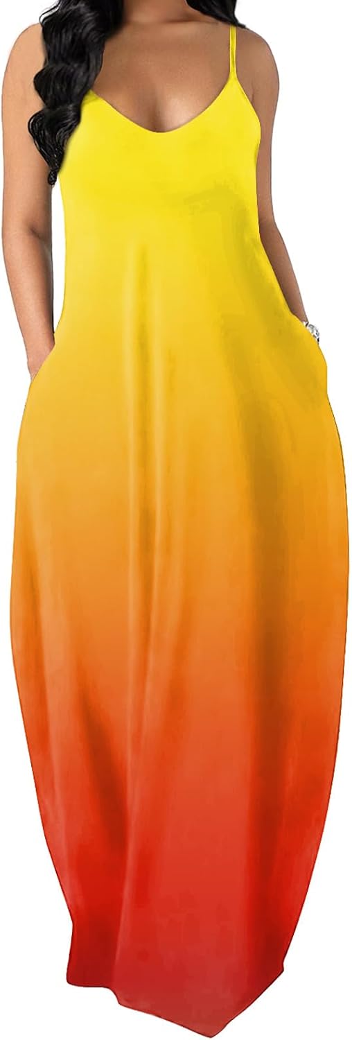 OFEEFAN Women's Maxi Dresses Summer Spaghetti Strap Dress with Pockets