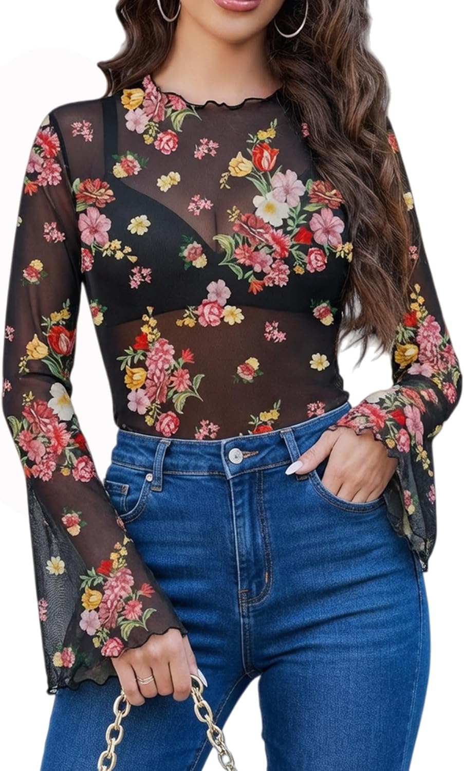Mesh Tops for Women Long Bell Sleeve Blouses Going Out Shirt Sexy Outfits