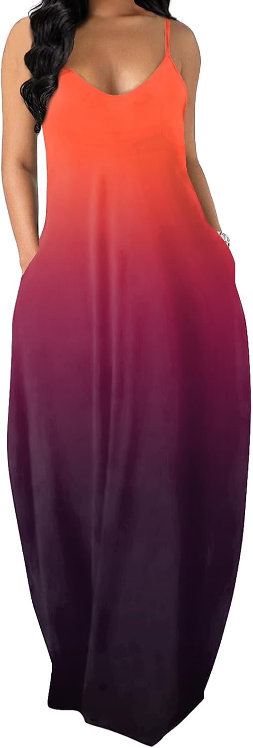 OFEEFAN Women's Maxi Dresses Summer Spaghetti Strap Dress with Pockets