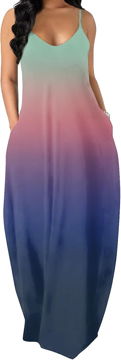 OFEEFAN Women's Maxi Dresses Summer Spaghetti Strap Dress with Pockets
