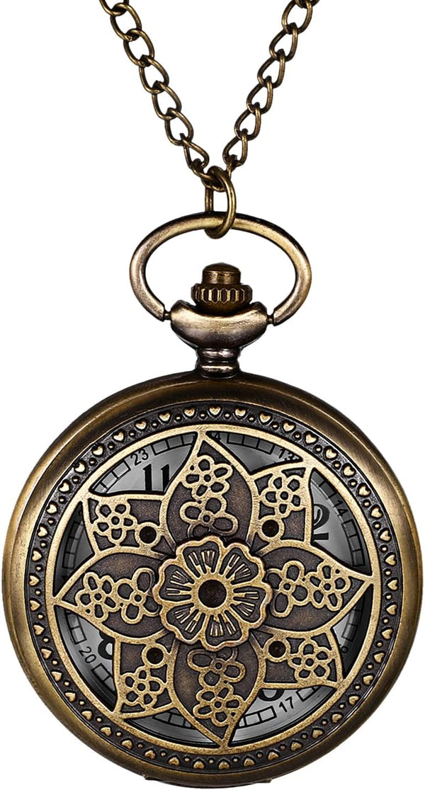 Bronze Flower Pocket Watch: Retro Vintage Pendant Watch with