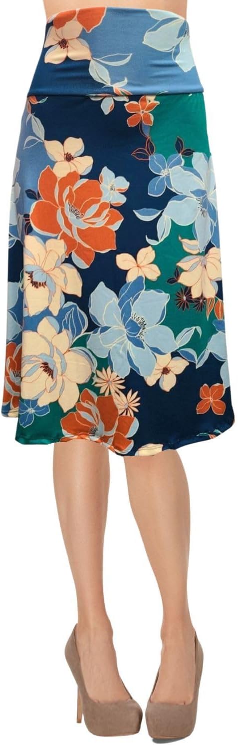 Women's A-Line Foldover Lightweight Flare Midi Pull On Closure Skirt