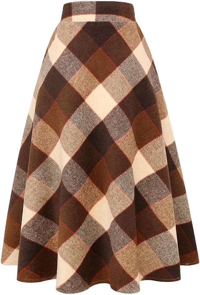 Long Plaid Wool Skirt for Womens Winter Fall Warm High Elastic Waist A line Flared Pleated Wool Tartan Skirts