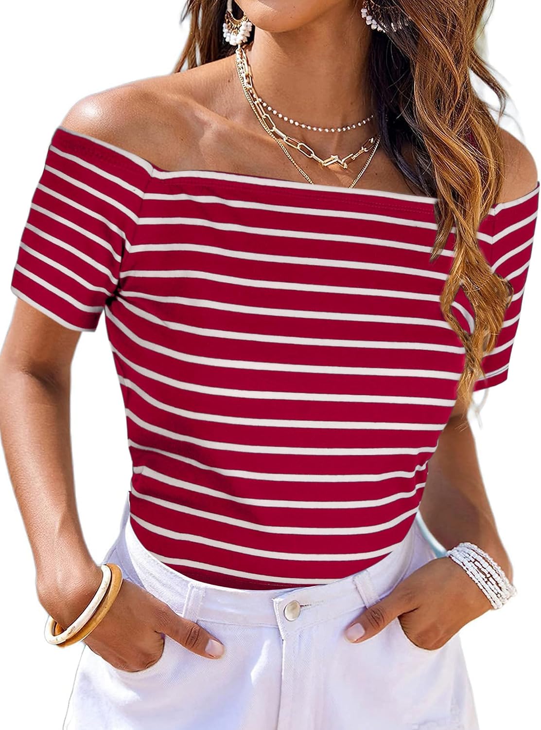 LilyCoco Off The Shoulder Tops for Women Striped Short Sleeve Sexy Going Out Top