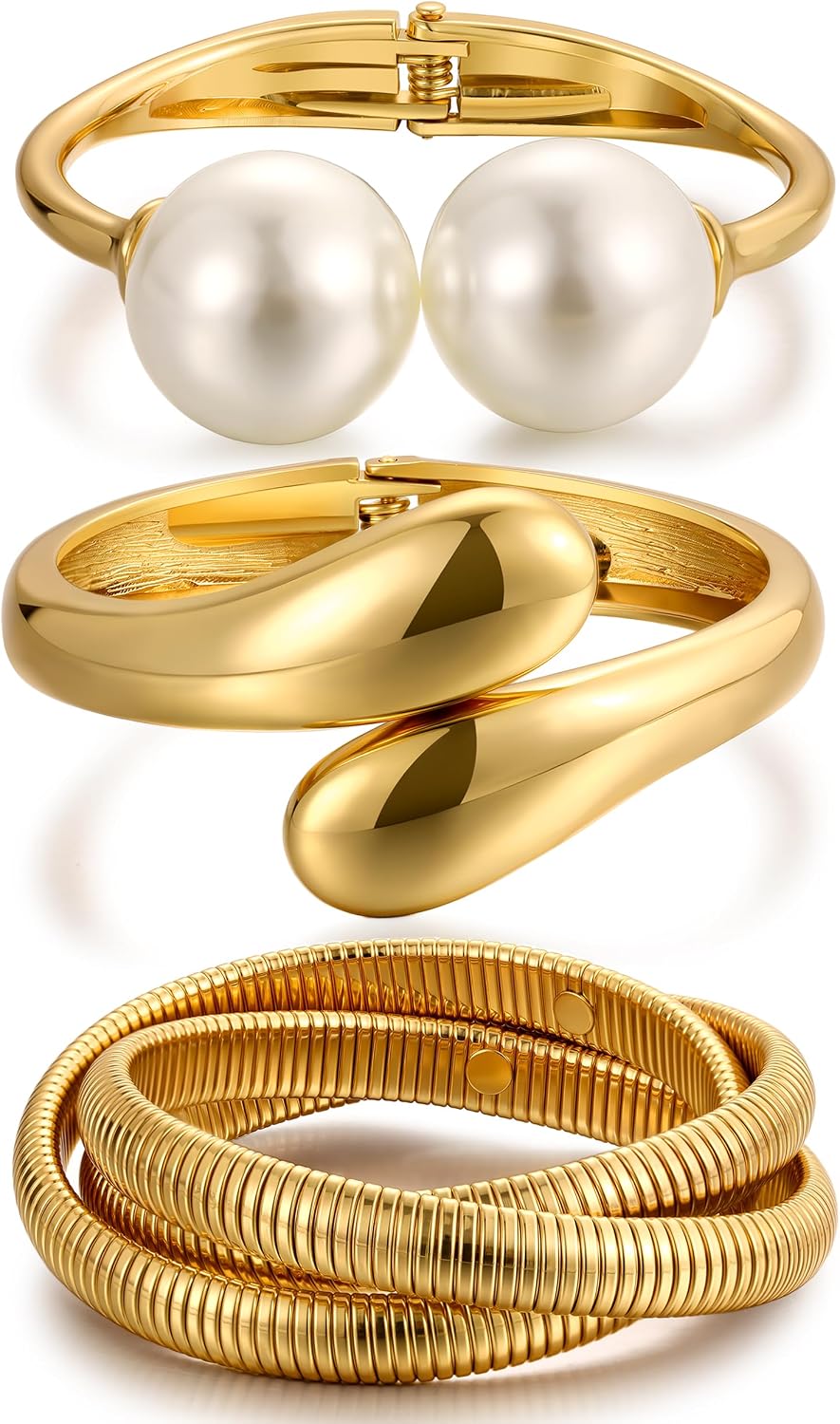 Chunky Gold Bangle Bracelets for Women, Dainty 14k Gold Plated Big Stackable Bangles Set, Trendy Statement Cuff Bracelet Stack Fashion Jewelry Gifts