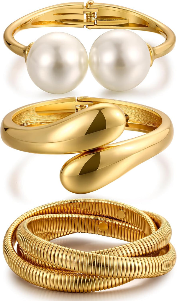 Chunky Gold Bangle Bracelets for Women, Dainty 14k Gold Plated Big Stackable Bangles Set, Trendy Statement Cuff Bracelet Stack Fashion Jewelry Gifts