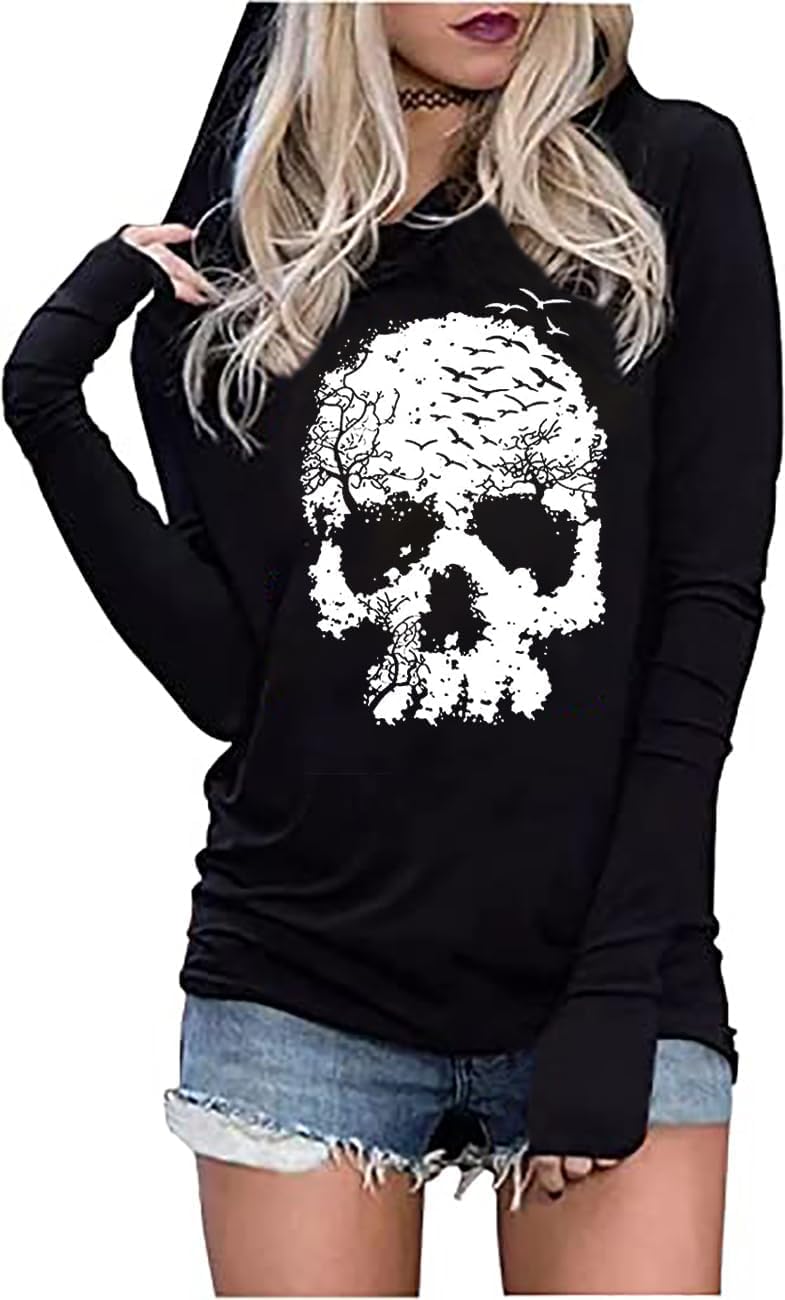 Halloween Horror Skull Silhouette Hoodie Women Long Sleeve Sweatshirt Novelty Pullover Hoodie