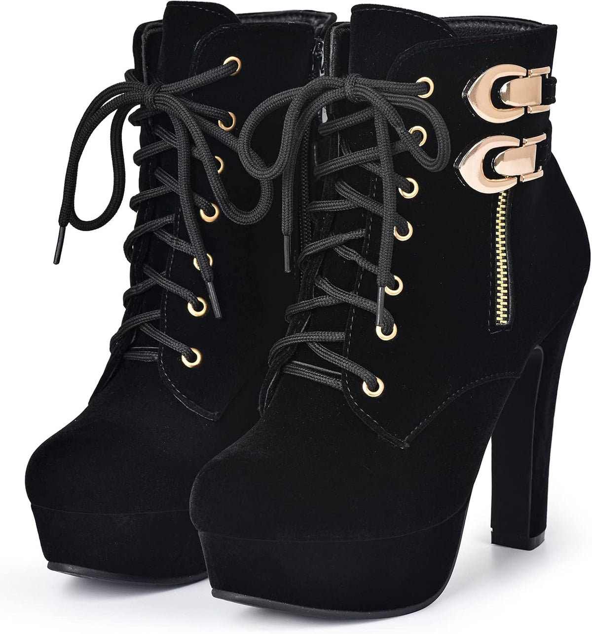 High Heel Boots for Women,Womens Platform Boot Heels Sexy Round Toe Lace UP High Heels Mid Calf Boots