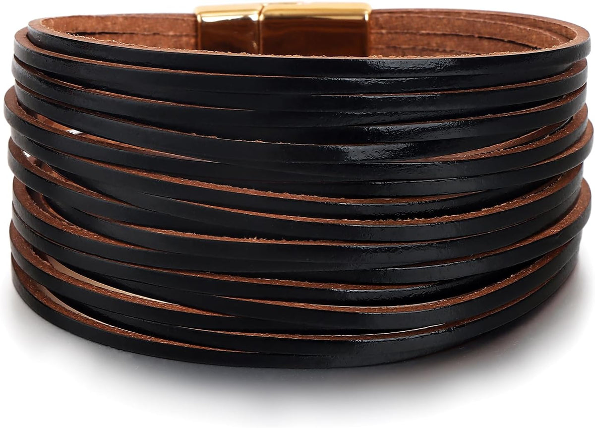 Edoneery Leather Wrap Bracelets for Women, Boho Layered Cuff Bangle