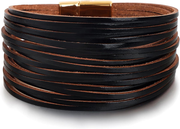 Edoneery Leather Wrap Bracelets for Women, Boho Layered Cuff Bangle