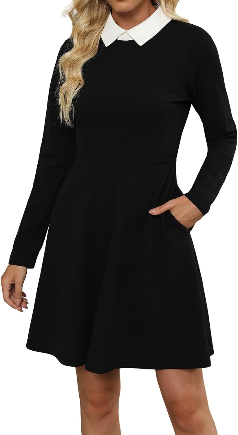 Women's Elegant Vintage Dresses Knee Length Casual Floral Print Work Party Peter Pan Collar A-Line Dress with Pockets 978