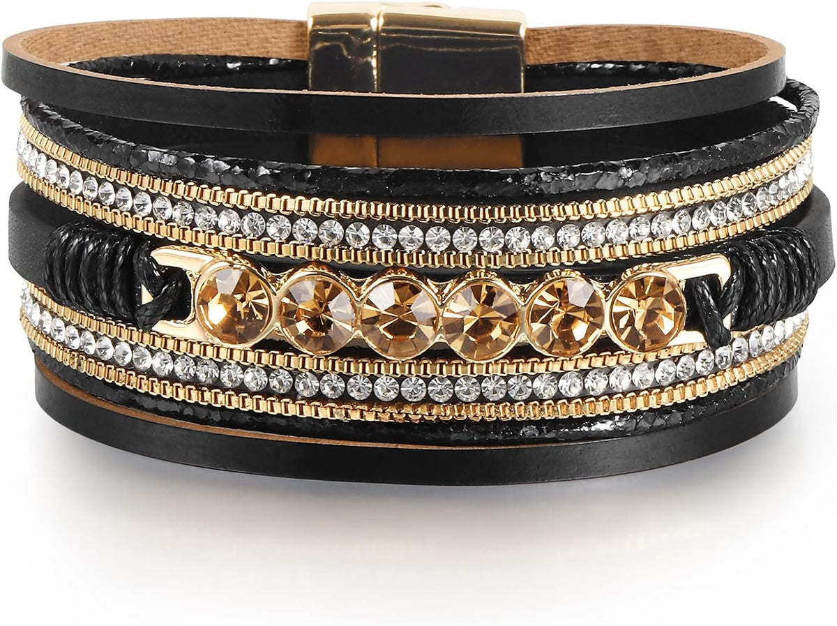 Edoneery Leather Wrap Bracelets for Women, Boho Layered Cuff Bangle