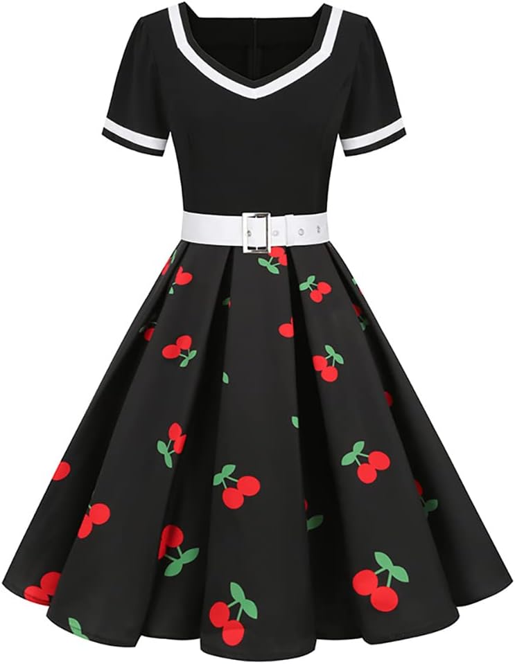 Women Vintage 1950s Dress 50s Polka Dot Rockabilly A-Line Swing Tea Party Prom Retro Cocktail Party Swing Dresses with Belt