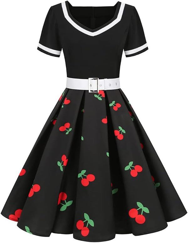 Women Vintage 1950s Dress 50s Polka Dot Rockabilly A-Line Swing Tea Party Prom Retro Cocktail Party Swing Dresses with Belt